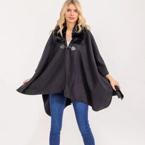 B25 WOMEN'S BUTTON CLOSURE FAUX FUR COLLAR WRAP PONCHO BLACK NEW
